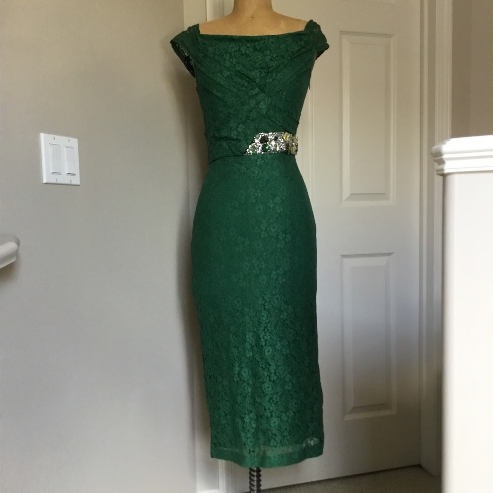 Burberry Prorsum Dark Pigment Green Lace Dress